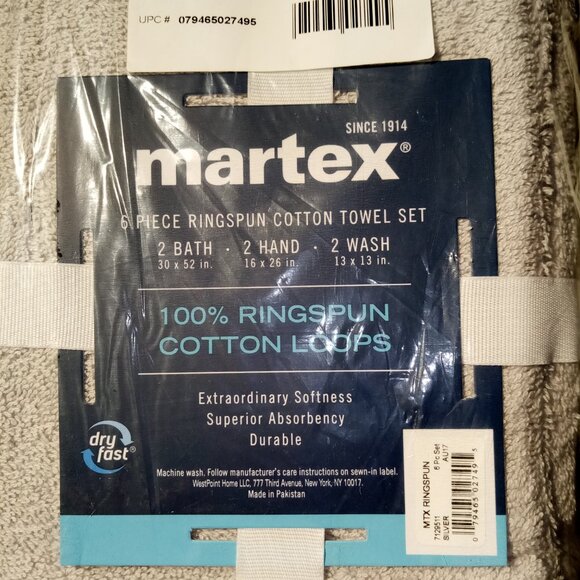 MARTEX 6 piece Towel Set  Silver/Gray  100% Cotton  Bath/Hand/Wash  NEW in pkg. - Picture 2 of 4